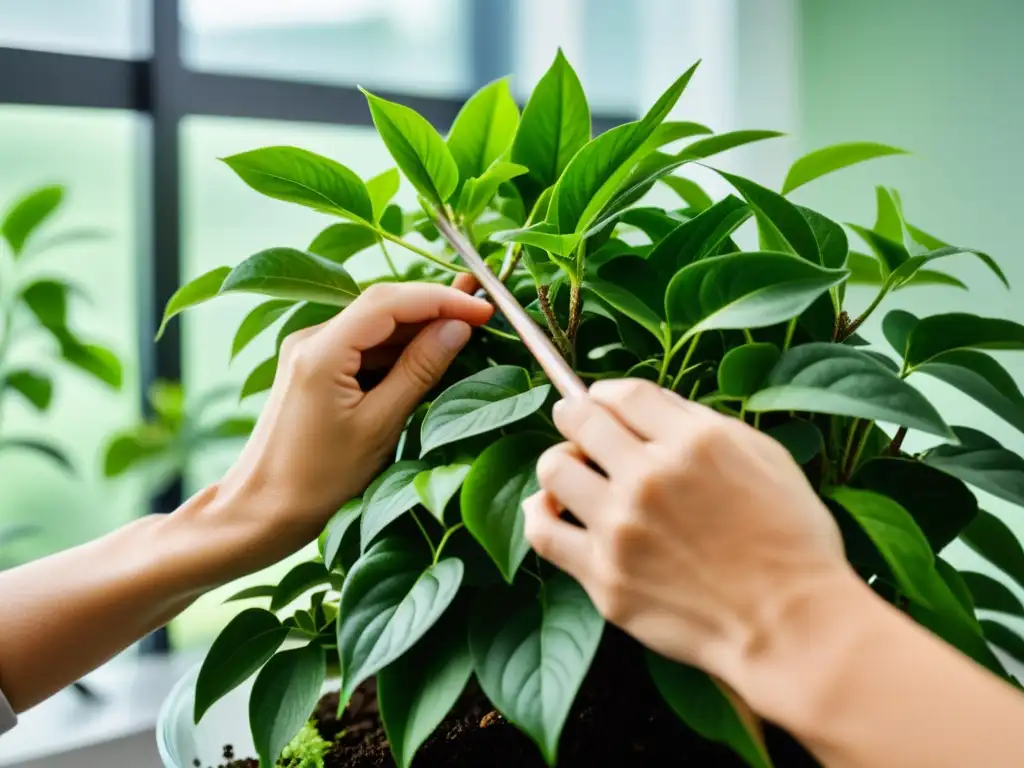 Experto en técnicas de poda de plantas de interior, manos cuidadosas podando una exuberante planta verde en un ambiente luminoso y minimalista