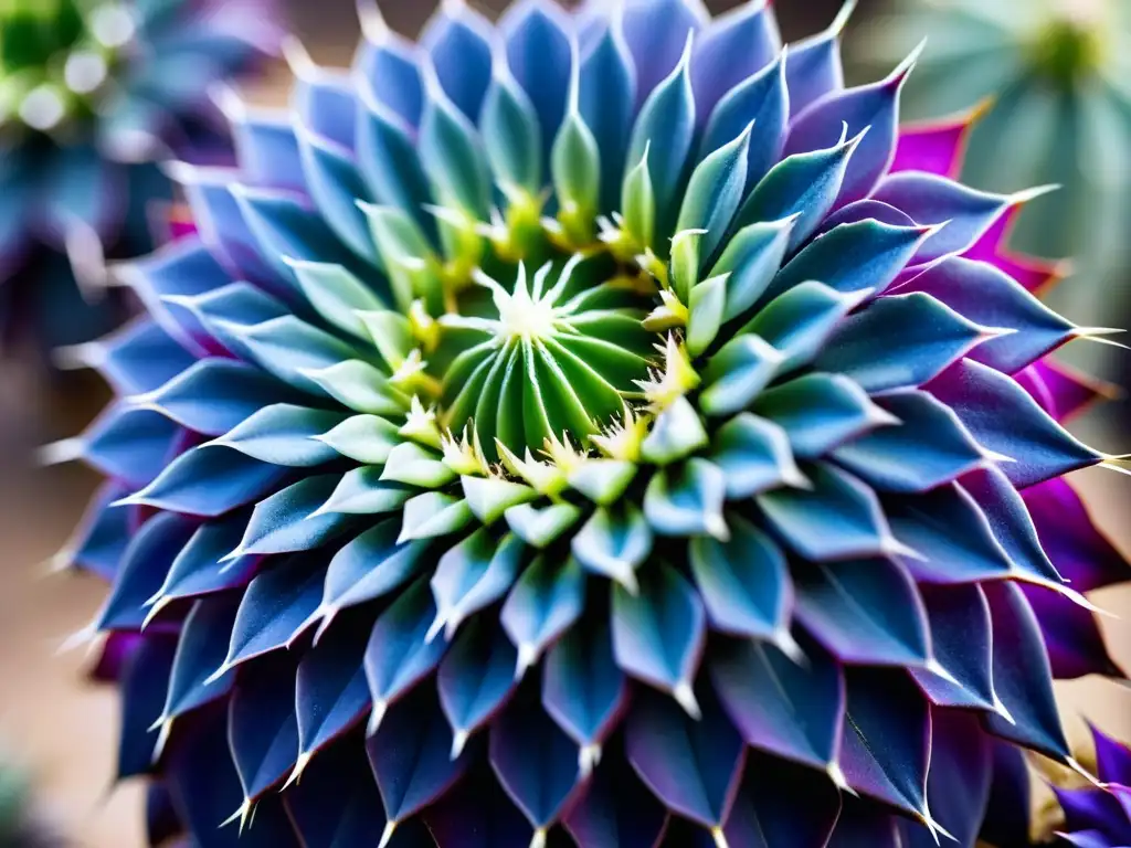 Exploración de cactus exóticos: detallada imagen ultravioleta de cactus morado con espinas blancas en paisaje sereno