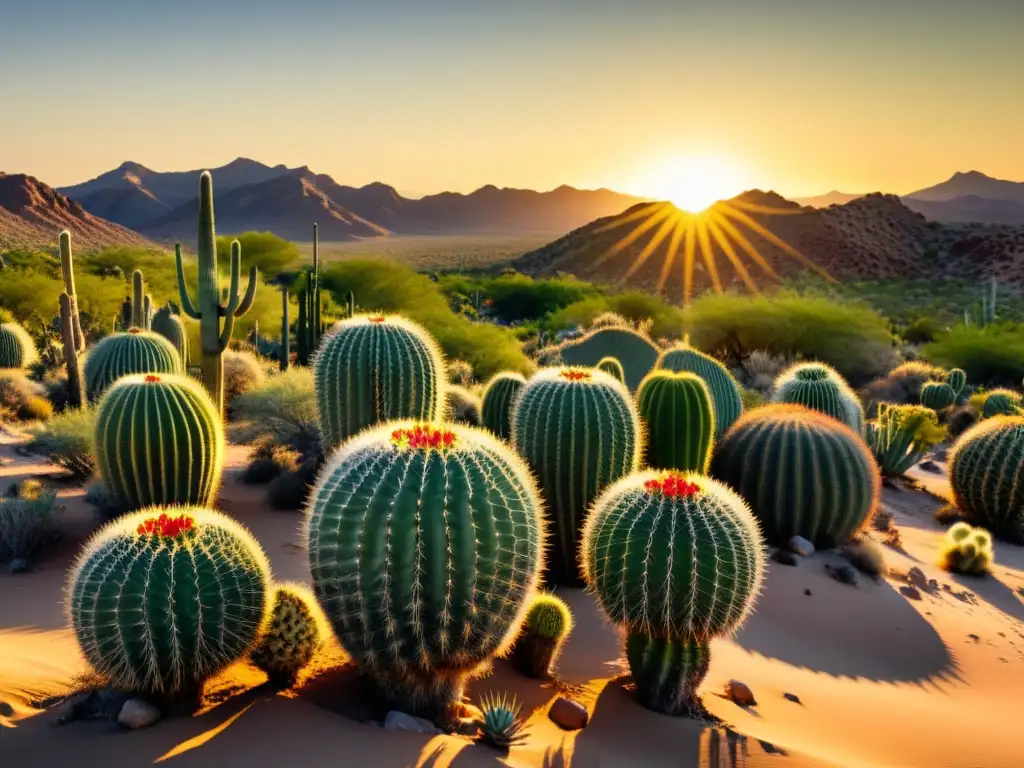 Exploración de cactus exóticos en su hábitat natural, bañados por la cálida luz del atardecer