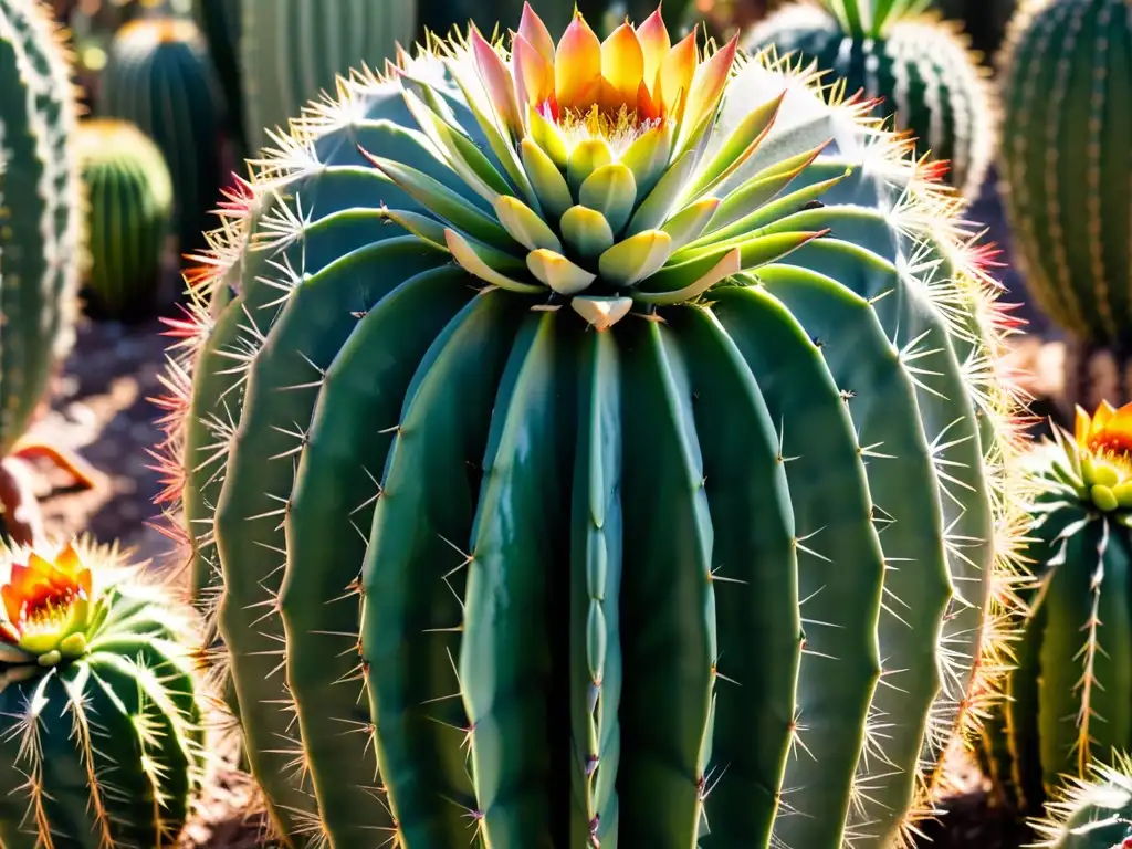 Exploración de cactus exóticos en un jardín vibrante, con variedad de formas, tamaños y colores