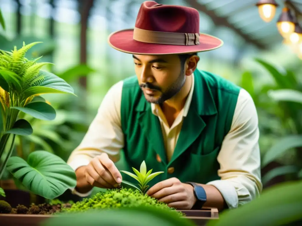 Explorador en jardín botánico histórico examinando planta rara bajo luz suave