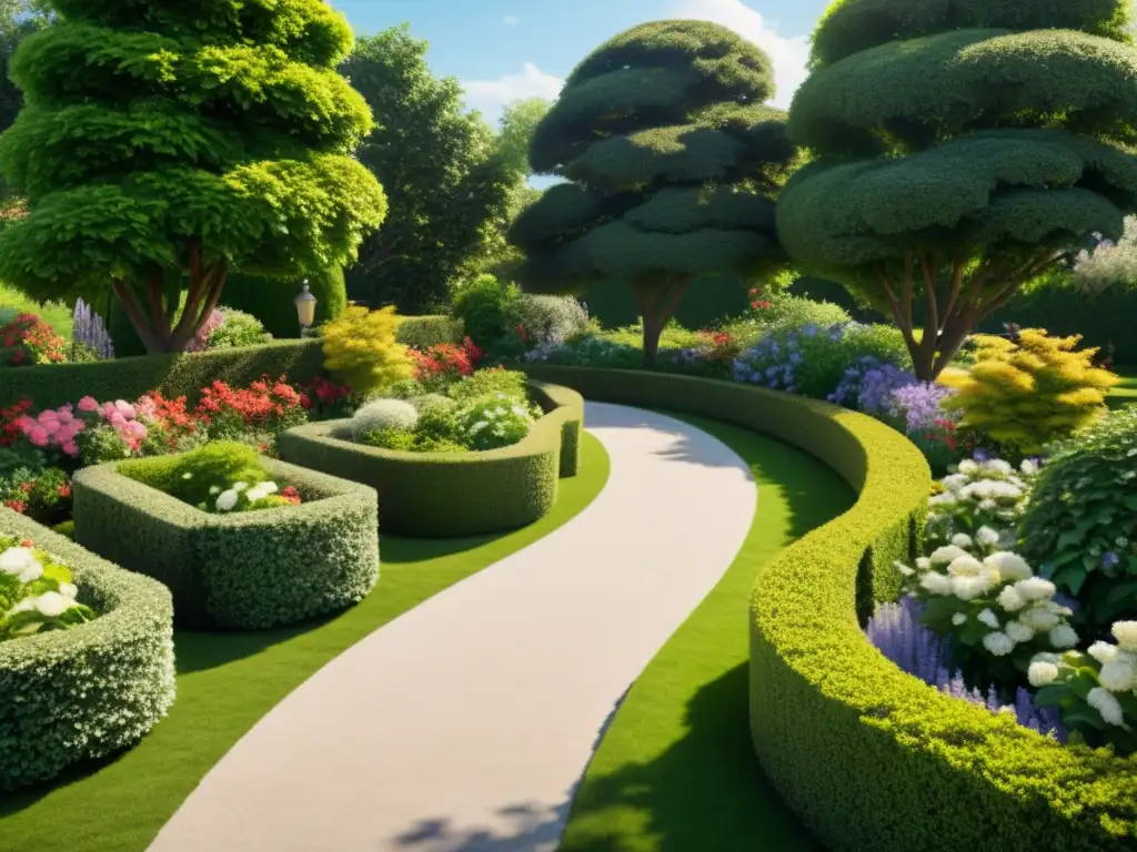 Jardín floreciente para conexiones profesionales Exposiciones de jardinería para networking: Jardín exuberante con flores vibrantes y sendero soleado entre arbustos recortados