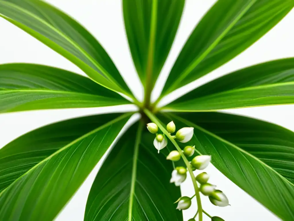 Una exquisita fotografía detallada de una planta de araña verde exuberante con delicadas hojas arqueadas y pequeñas flores blancas