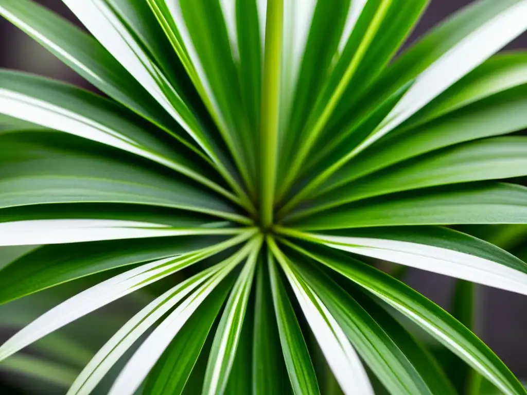 Una exquisita fotografía detallada de una planta araña verde exuberante, resaltando la belleza y tranquilidad del cuidado de plantas de interior