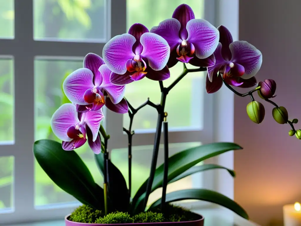 Una exquisita exhibición de orquídeas en interiores, con flores vibrantes en tonos de magenta, violeta y blanco, rodeadas de hojas verdes brillantes