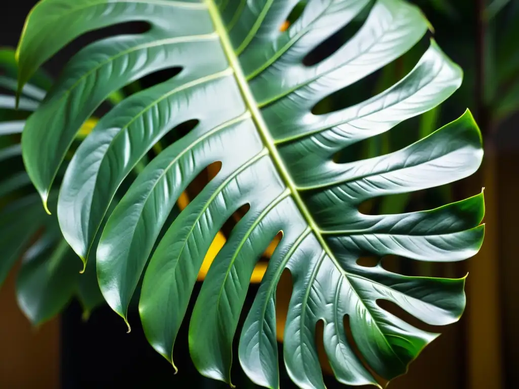 Una exquisita fotografía de una hoja de monstera deliciosa, con patrones y texturas detallados, iluminada por una luz suave y natural