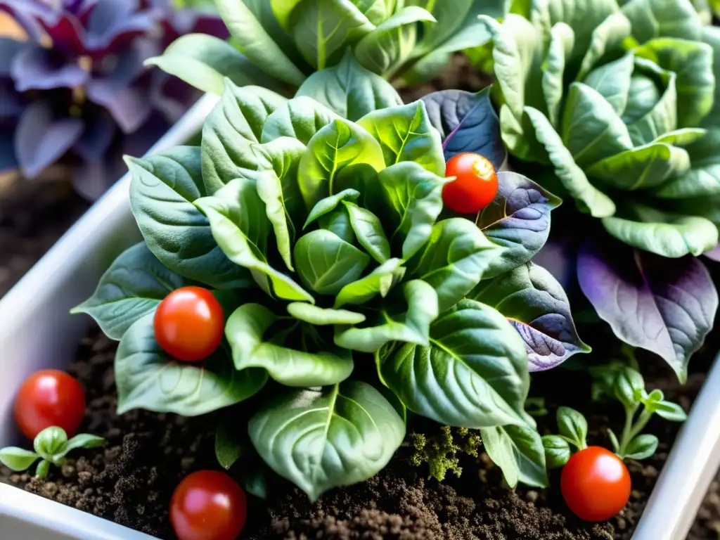 Una exquisita imagen de un minijardín con lechugas, tomates y albahaca