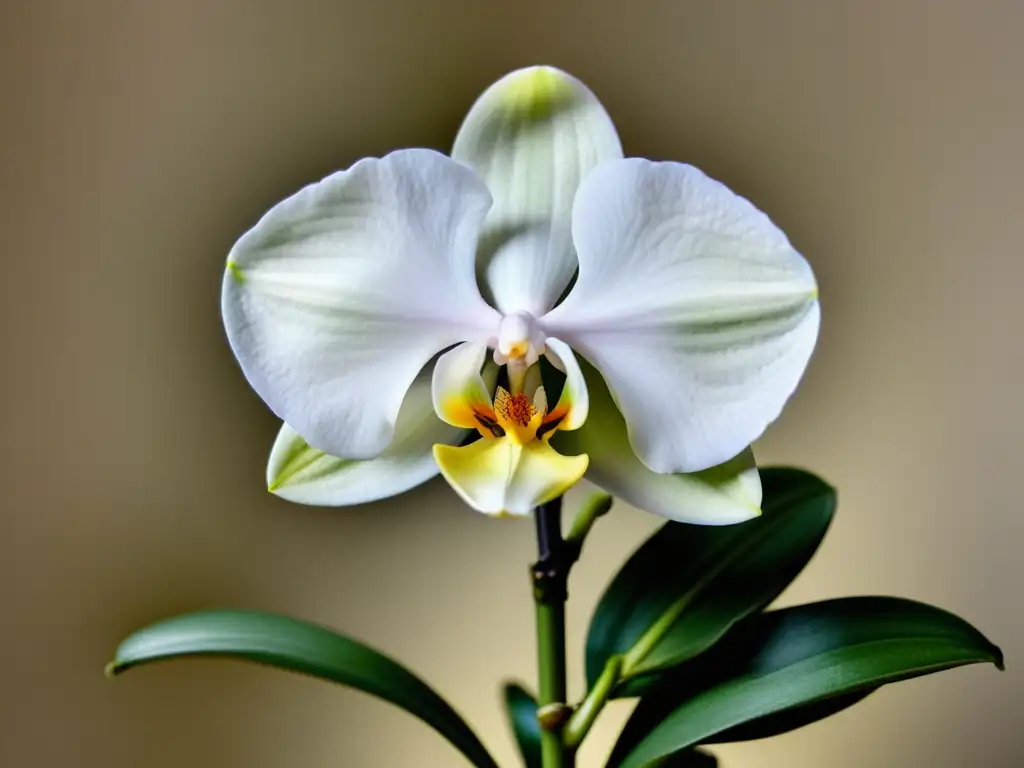 Una exquisita orquídea blanca floreciendo en una elegante maceta blanca