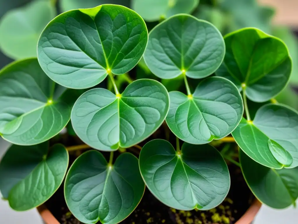 Una exquisita Pilea Peperomioides en un entorno minimalista, con hojas verdes vibrantes y perfectamente redondas