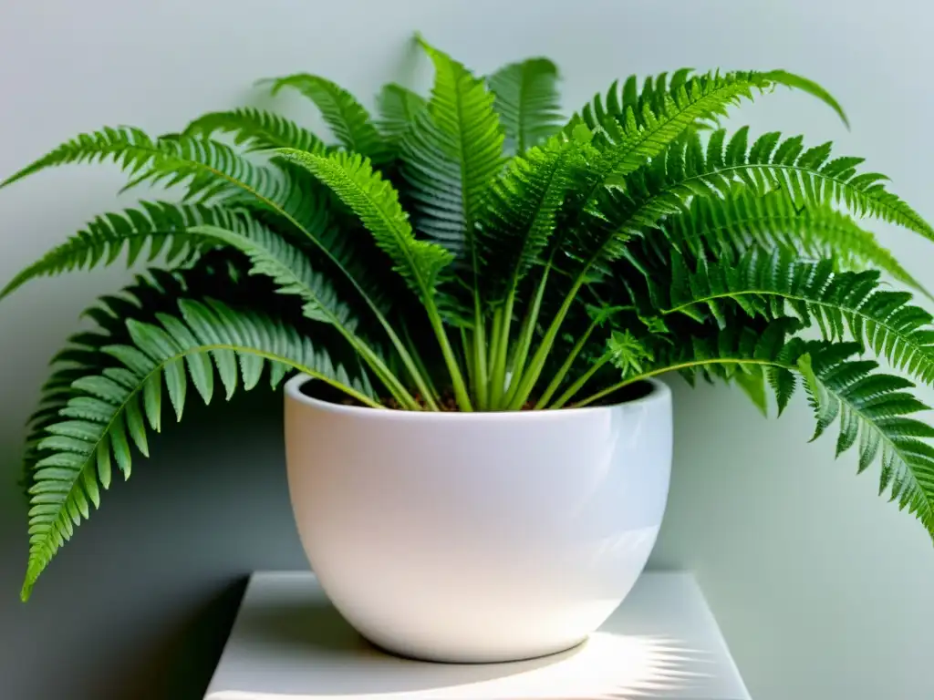 Una exquisita planta de helecho en una maceta blanca, evocando el cuidado de plantas de interior poético