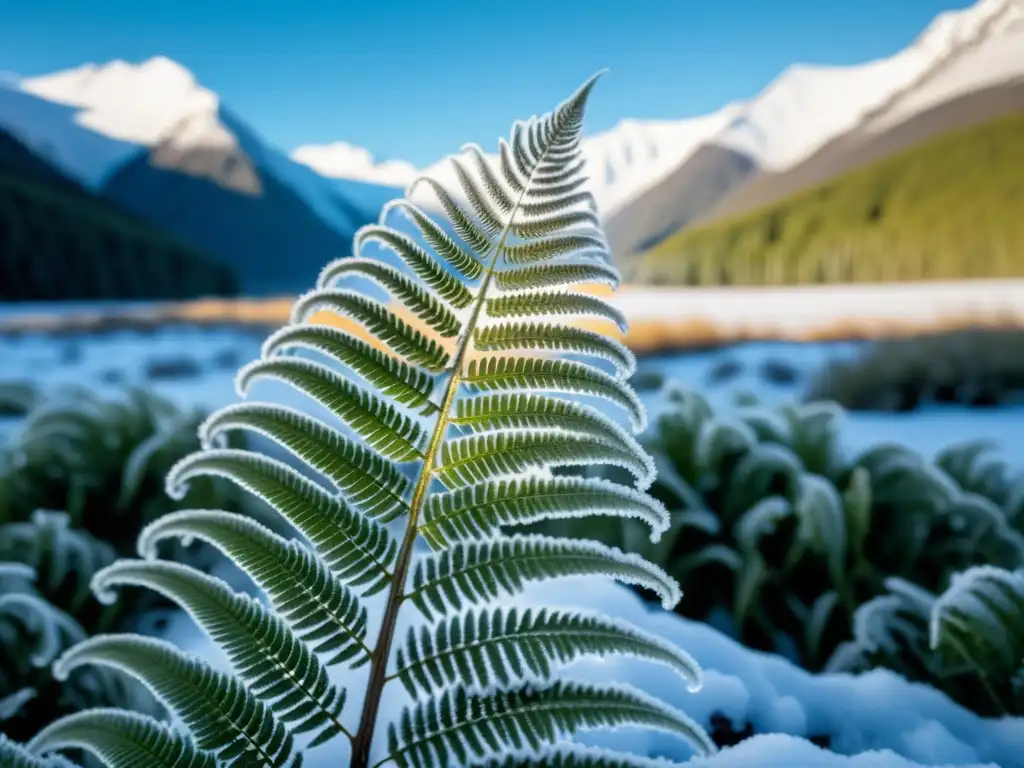 Una exquisita planta de helecho plateado cubierta de escarcha se despliega frente a montañas nevadas bajo un cielo azul, creando un efecto etéreo