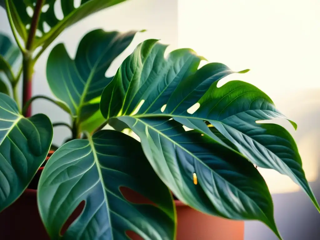 Una exquisita planta de interior verde, bañada en una suave luz etérea, realzando sus detalles y efectos luz tenue en plantas de interior