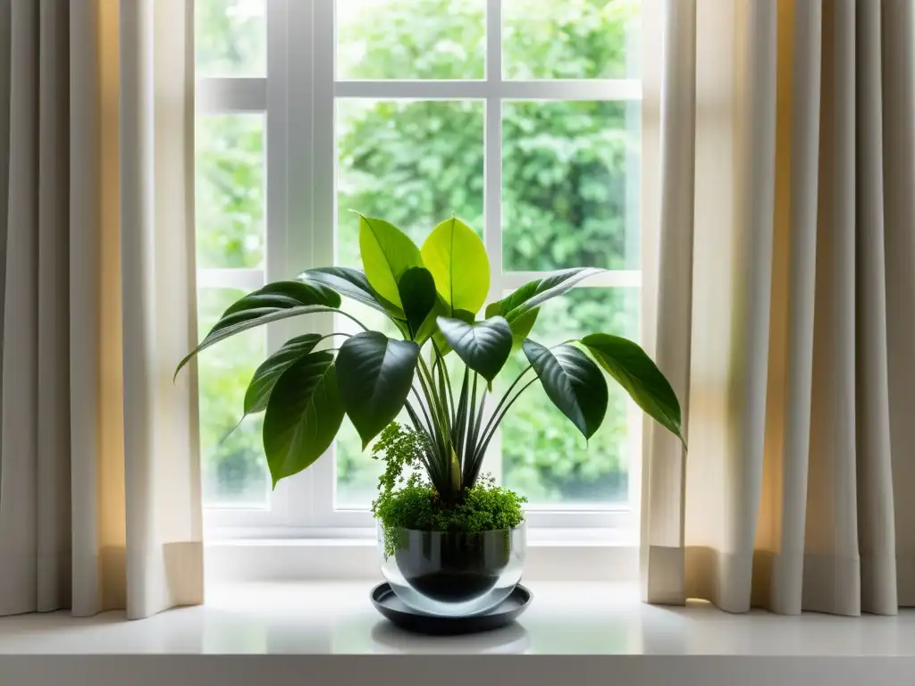 Un exquisito arreglo de plantas de interior maximiza la luz natural, creando un ambiente sereno y acogedor