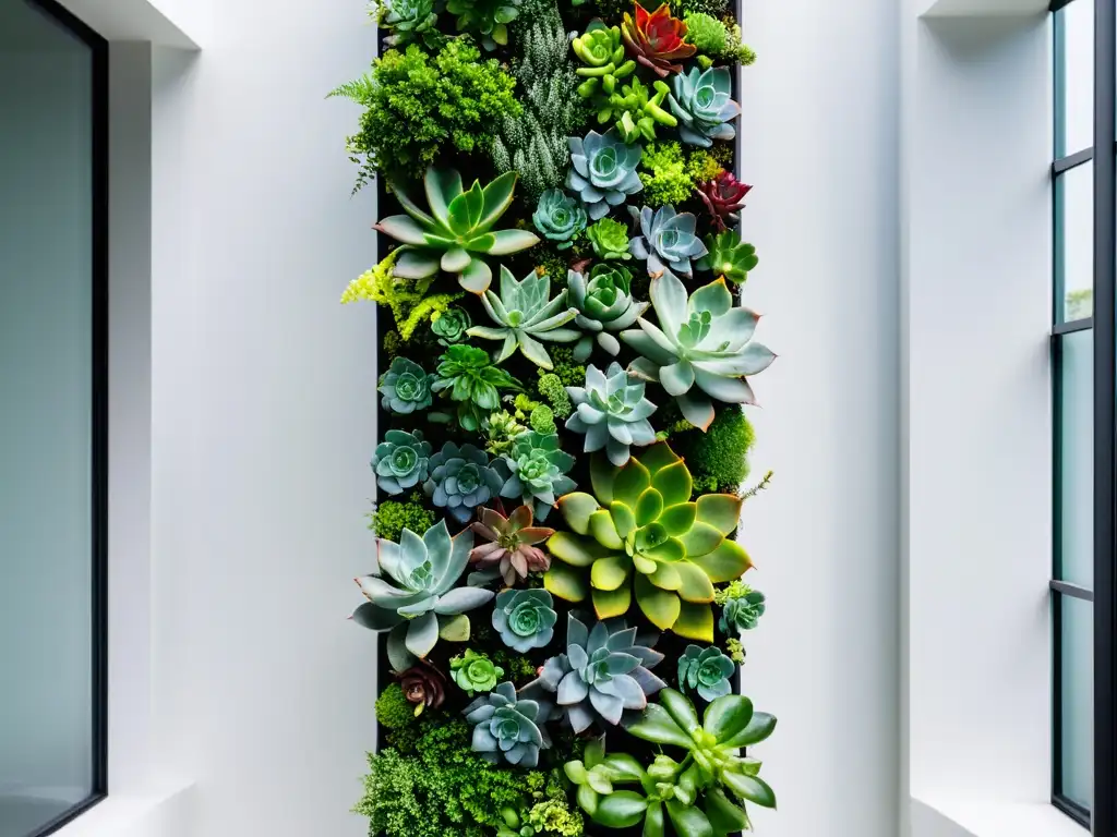 Un exquisito minijardín colgante para espacios verticales, con suculentas vibrantes y enredaderas, crea un hermoso mural verde