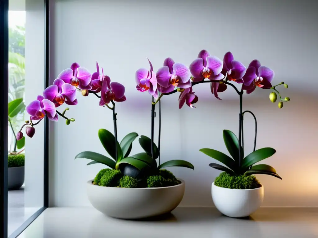 Exquisito diseño de interiores con orquídeas exóticas en elegantes maceteros modernos, bañado por una suave luz natural