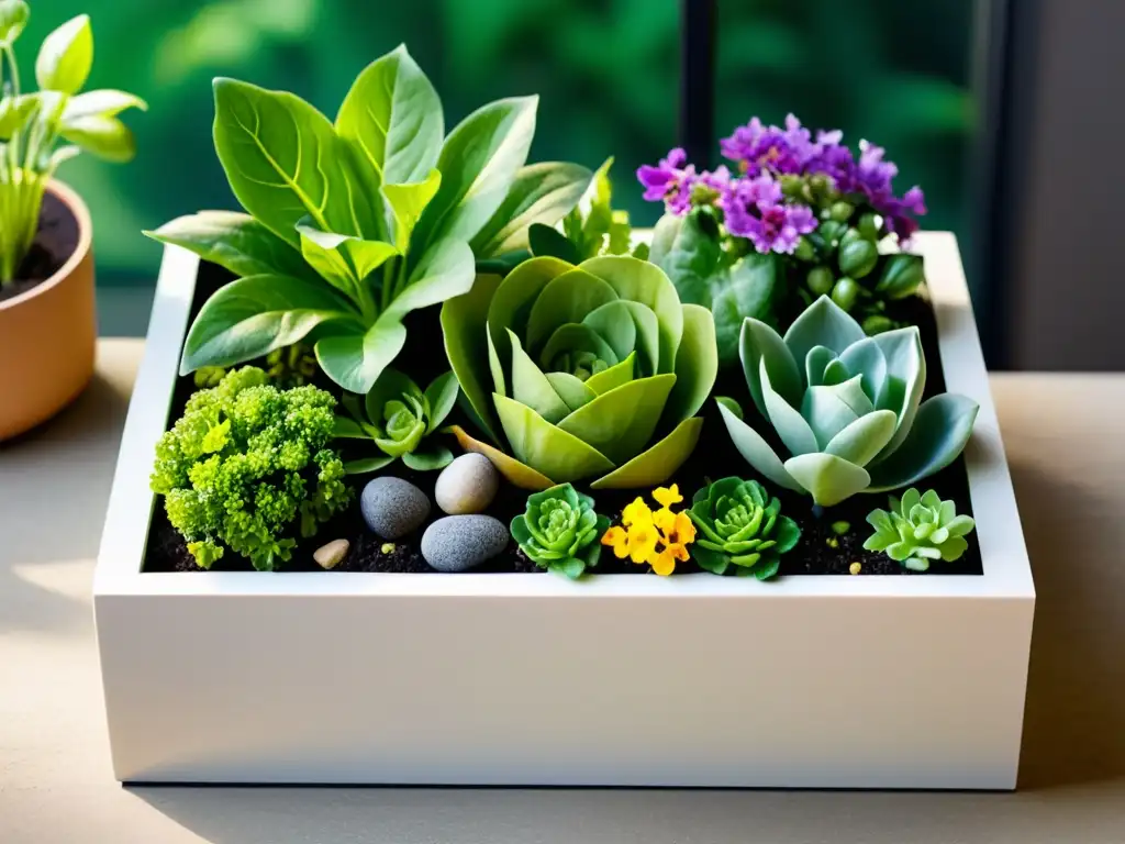 Un exquisito jardín en miniatura con variedad de plantas comestibles, cultivar jardines comestibles en miniatura