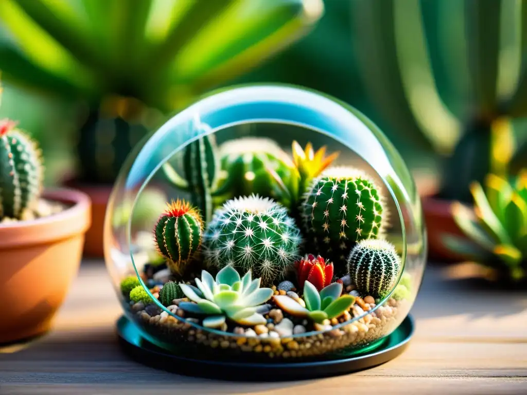 Un exquisito terrario de cactus en miniatura, con patrones y texturas únicas