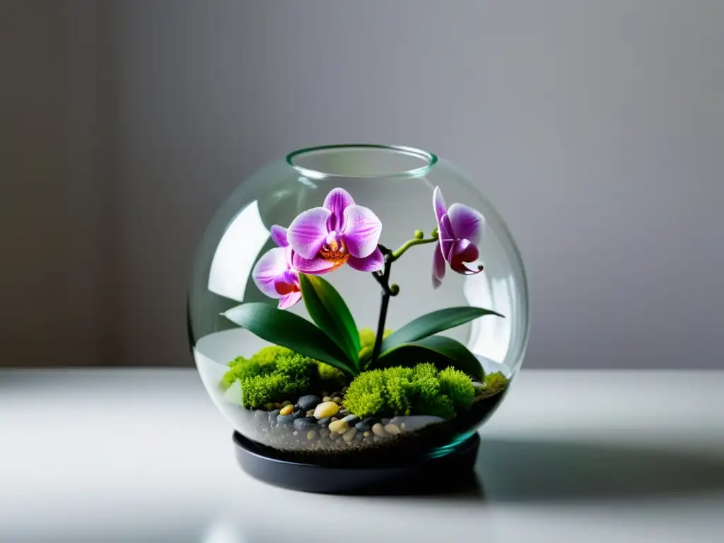 Un exquisito terrario de orquídeas en plena floración, con detalles vibrantes y delicados en un entorno de luz natural