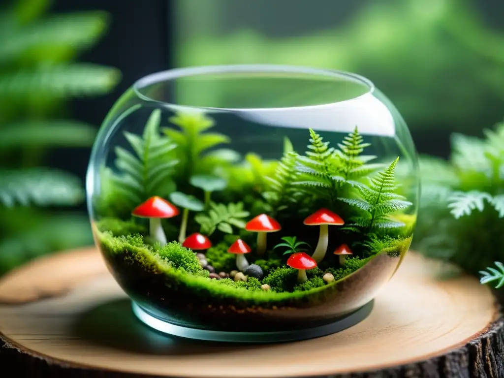 Un exquisito terrario de diseño con un paisaje de musgo verde exuberante, helechos delicados y setas rojas vibrantes