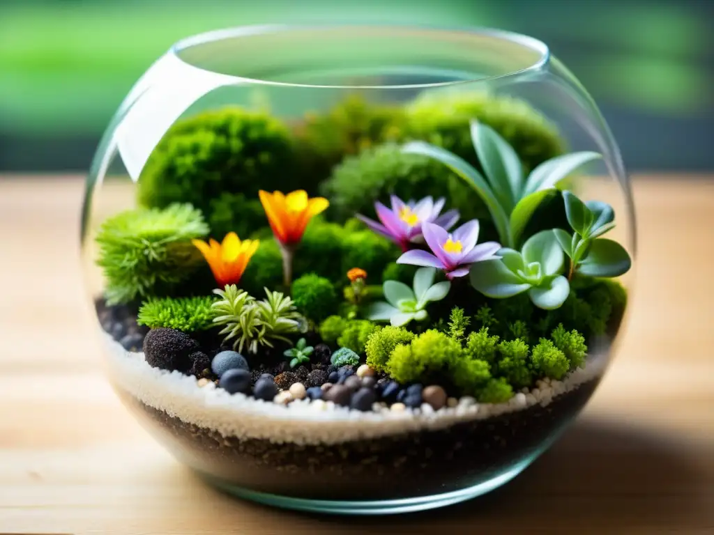 Exquisito terrario con plantas verdes vibrantes y flores coloridas, creando un ecosistema en miniatura