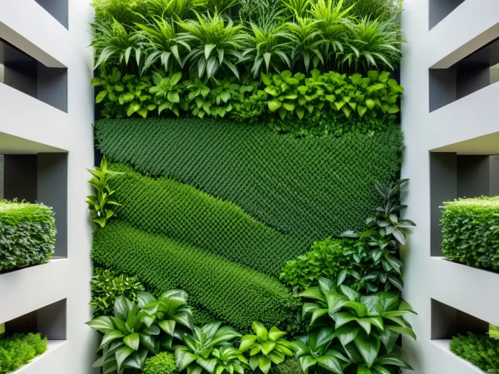 Un exquisito jardín vertical con vegetación exuberante en un diseño geométrico, emitiendo armonía y elegancia