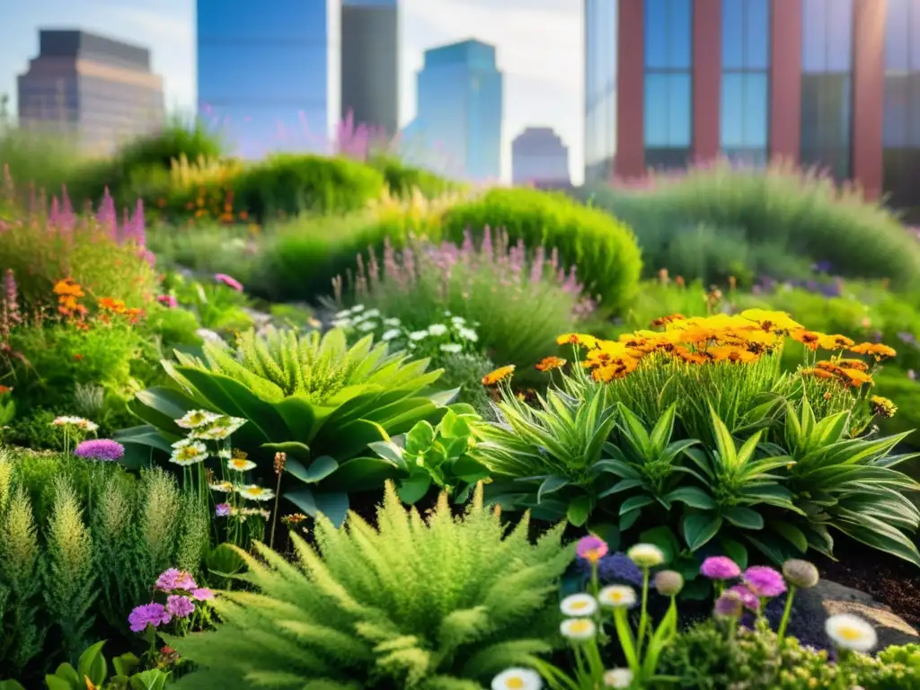 Un exuberante jardín en lo alto de un edificio urbano moderno, mostrando la diversa vida vegetal con impacto positivo en la biodiversidad urbana