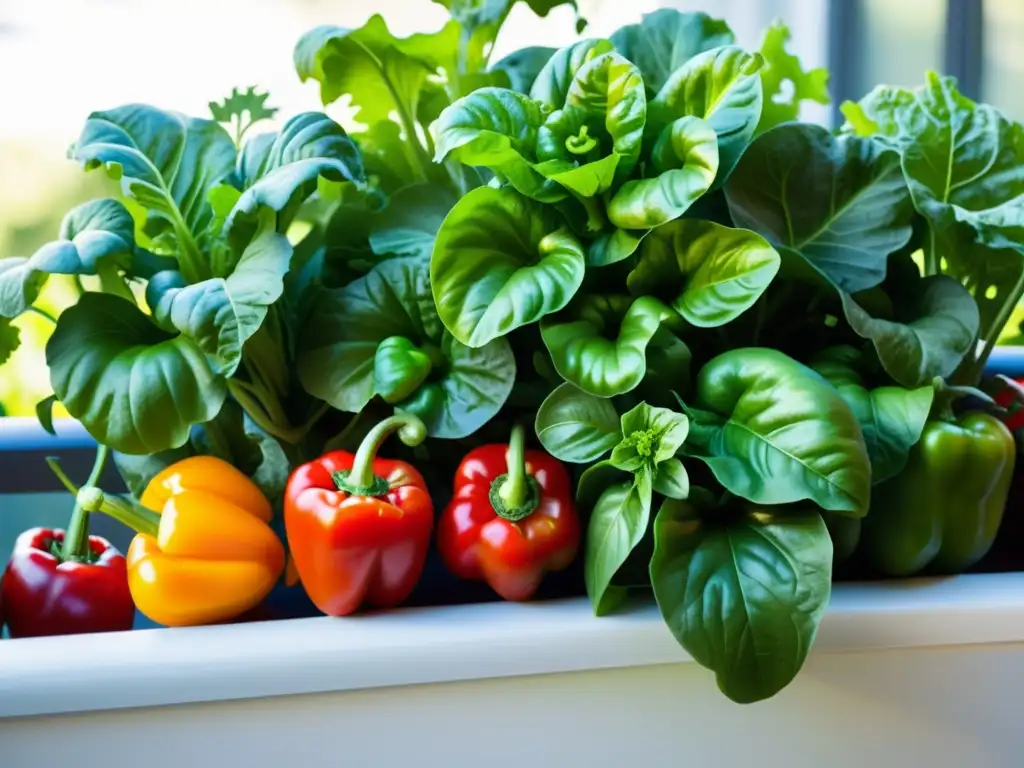 Un jardín exuberante en un balcón urbano, con lechugas, tomates y pimientos