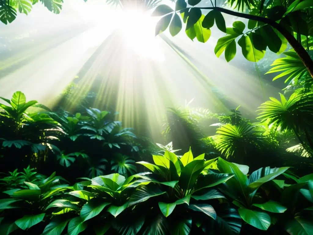 Un exuberante bosque tropical con luz solar filtrándose a través del dosel, exhibiendo una variedad de plantas verdes vibrantes