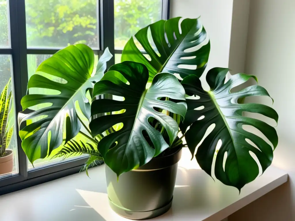 Una exuberante combinación de plantas de interior en tonos verdes, con monstera, helechos, y pothos, iluminadas por la suave luz natural