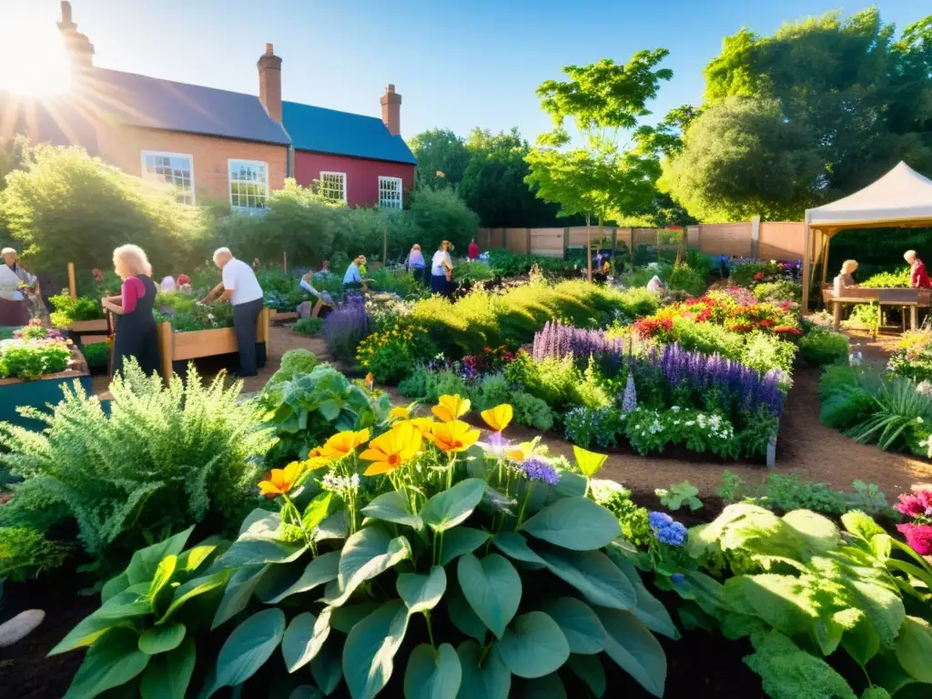 Una exuberante comunidad de jardín rebosante de vegetación vibrante, con personas de todas las edades y orígenes cuidando de las plantas