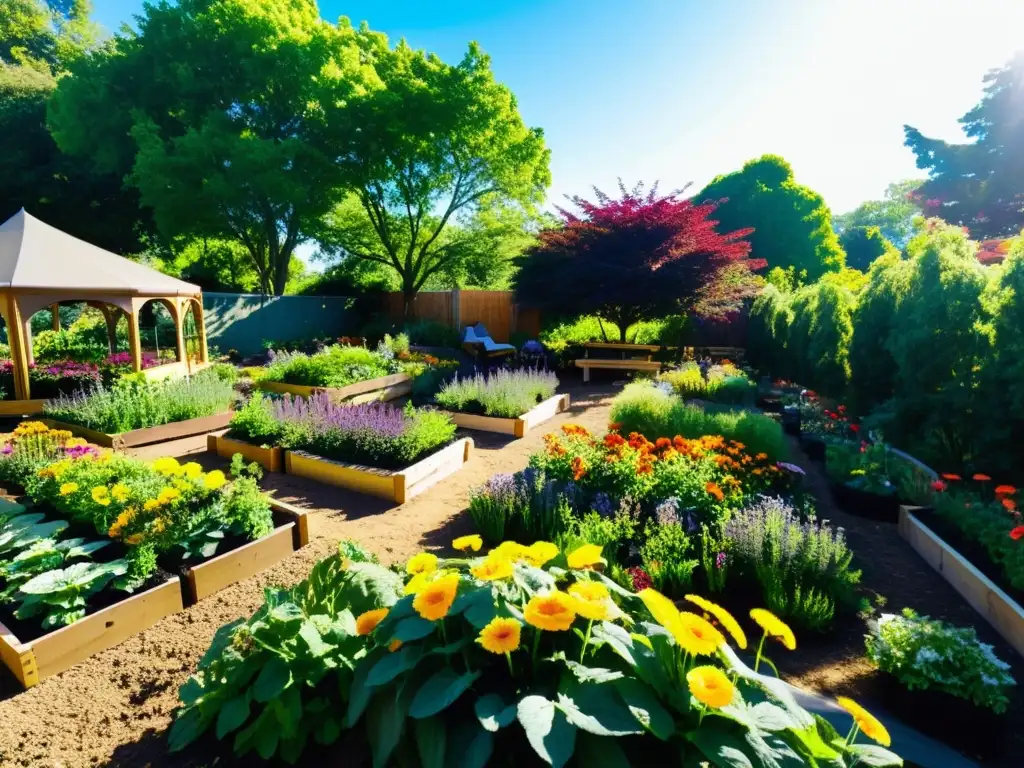 Un exuberante jardín comunitario con flores coloridas, huertos organizados y un espacio central rodeado de plantas