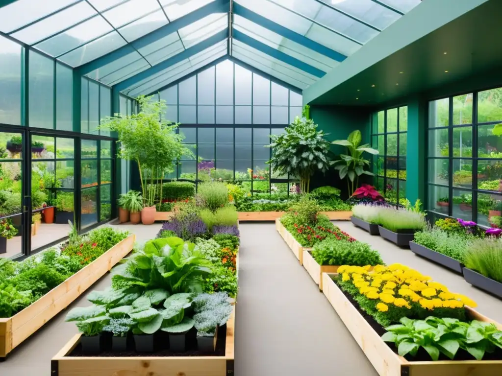 Un exuberante jardín comunitario interior, lleno de plantas prósperas y coloridas