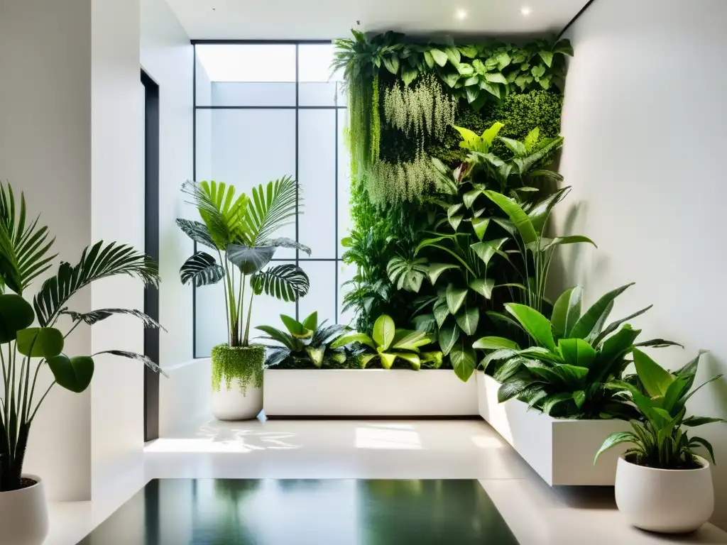 Un jardín interior exuberante y cuidado, sin necesidad de luz solar, en un ambiente minimalista y elegante