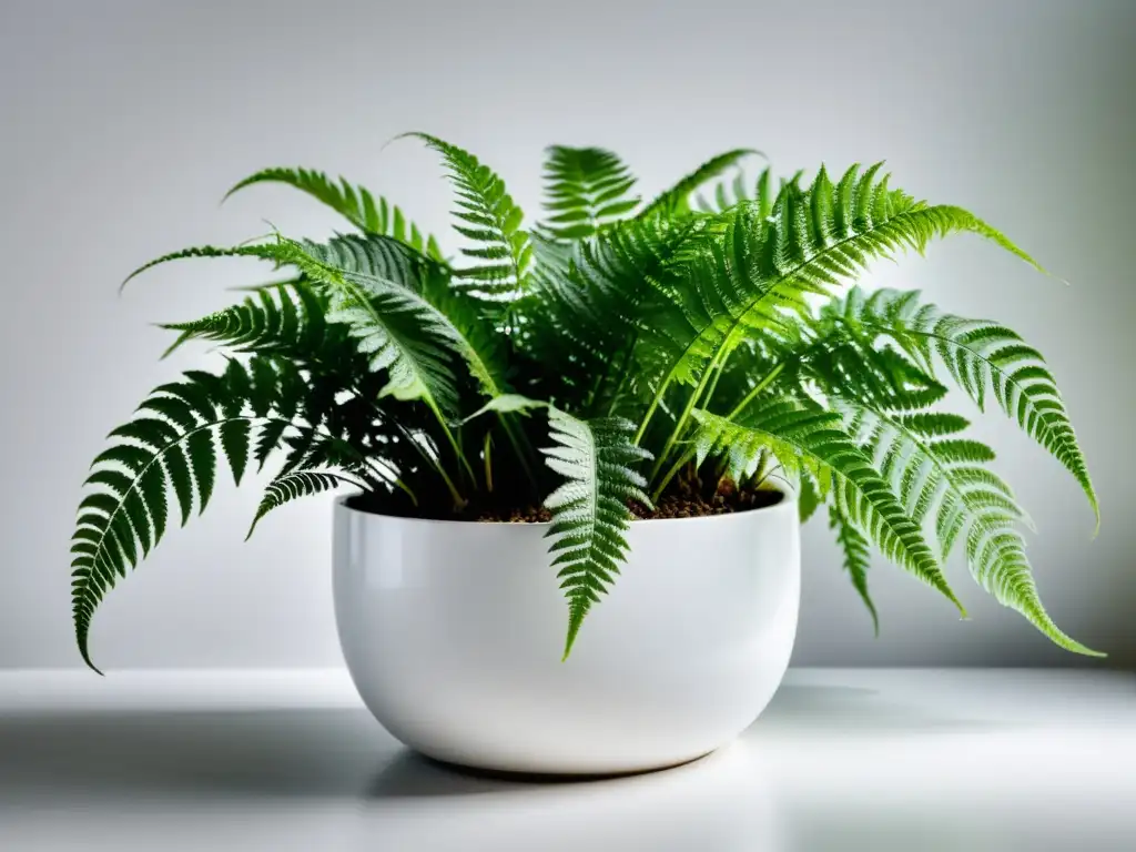 Una exuberante y delicada planta de helecho en maceta blanca, evocando serenidad y cuidado en la poda de plantas colgantes