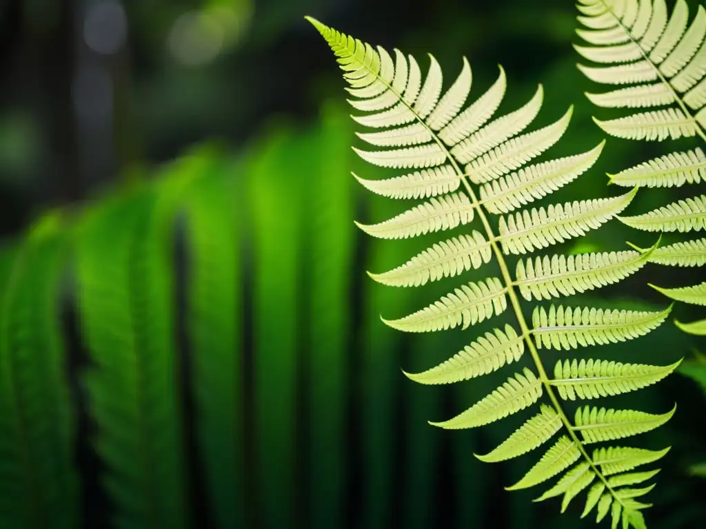 Una exuberante y detallada imagen de un helecho verde en un bosque denso, mostrando sus adaptaciones de plantas a poca luz