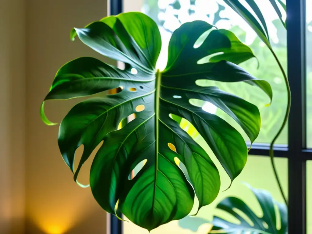 Una exuberante y detallada imagen de una planta Monstera deliciosa en un ambiente sereno