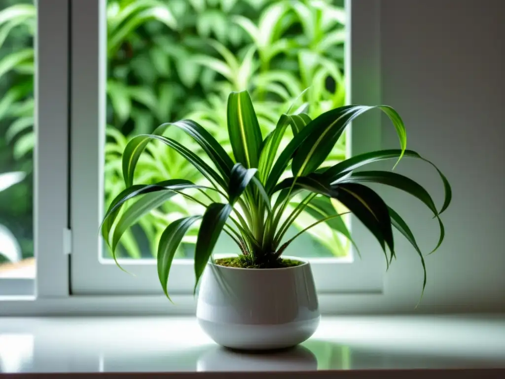 Un exuberante y elegante clorofito en maceta blanca, iluminado por luz natural