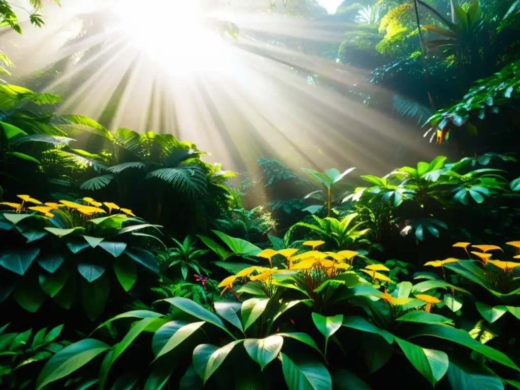 Un exuberante escenario de selva tropical, con luz solar filtrándose a través del denso dosel y resaltando la colorida variedad de plantas y flores