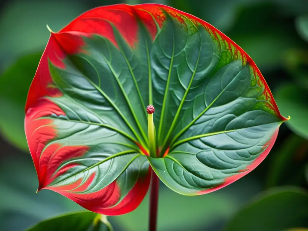 Una exuberante flor de anturio rojo con hojas verdes brillantes en una composición minimalista