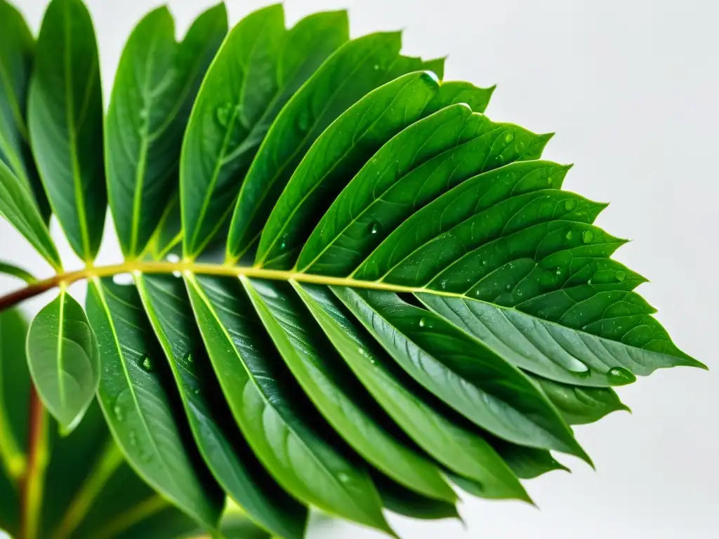 Un exuberante helecho de interior con hojas verdes vibrantes y gotas de agua, resaltando su belleza natural