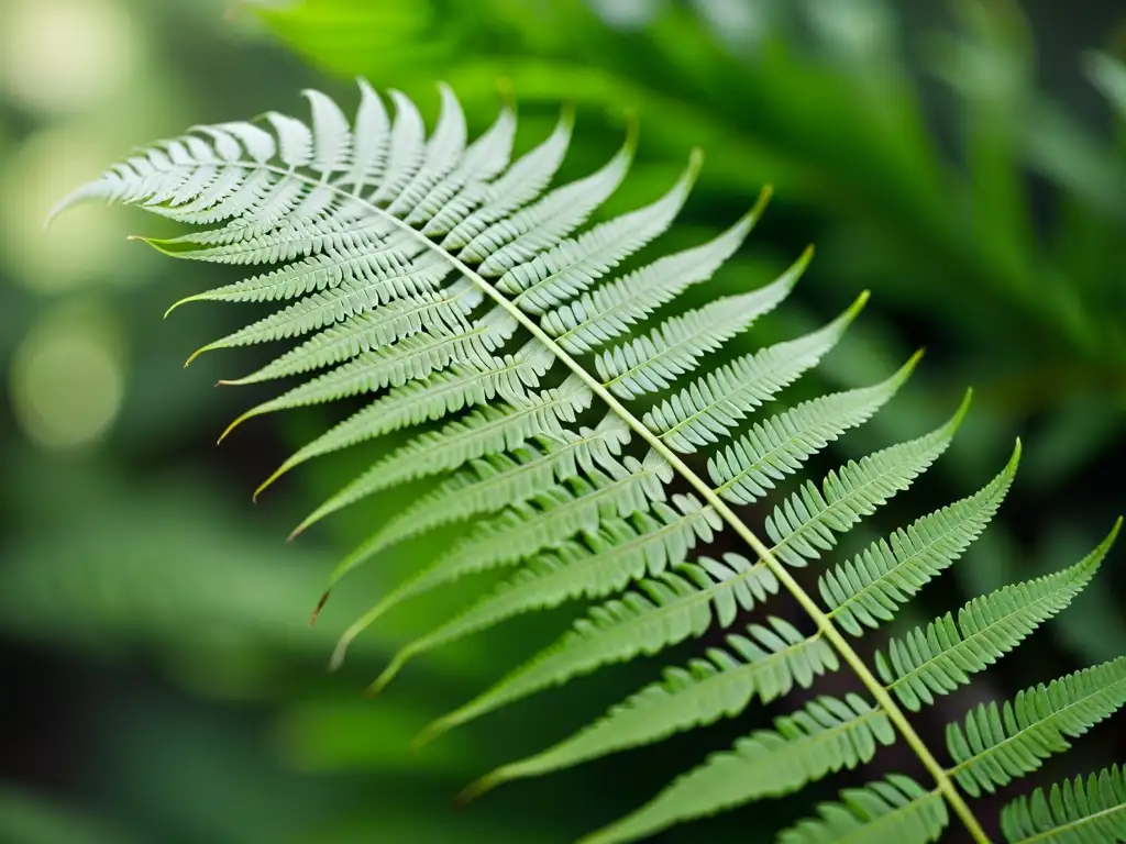 Una fotografía de cerca de un exuberante helecho verde capturado en luz natural