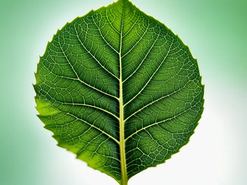 Una exuberante hoja verde, con patrones y texturas detalladas, iluminada por suave luz natural