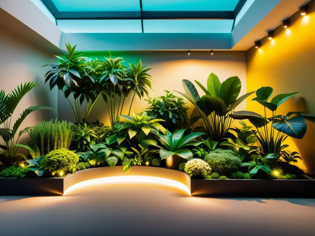 Jardín interior exuberante iluminado por luces artificiales, óptimo posicionamiento para plantas