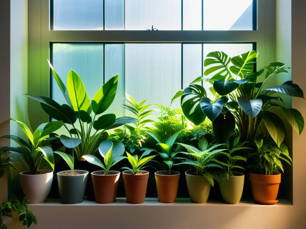 Jardín interior exuberante iluminado por la mejor luz para plantas de interior, creando un ambiente sereno y vibrante