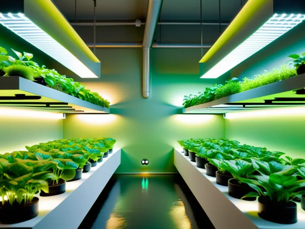 Un exuberante jardín hidropónico inteligente en interiores, con plantas verdes vibrantes bajo luces LED suaves