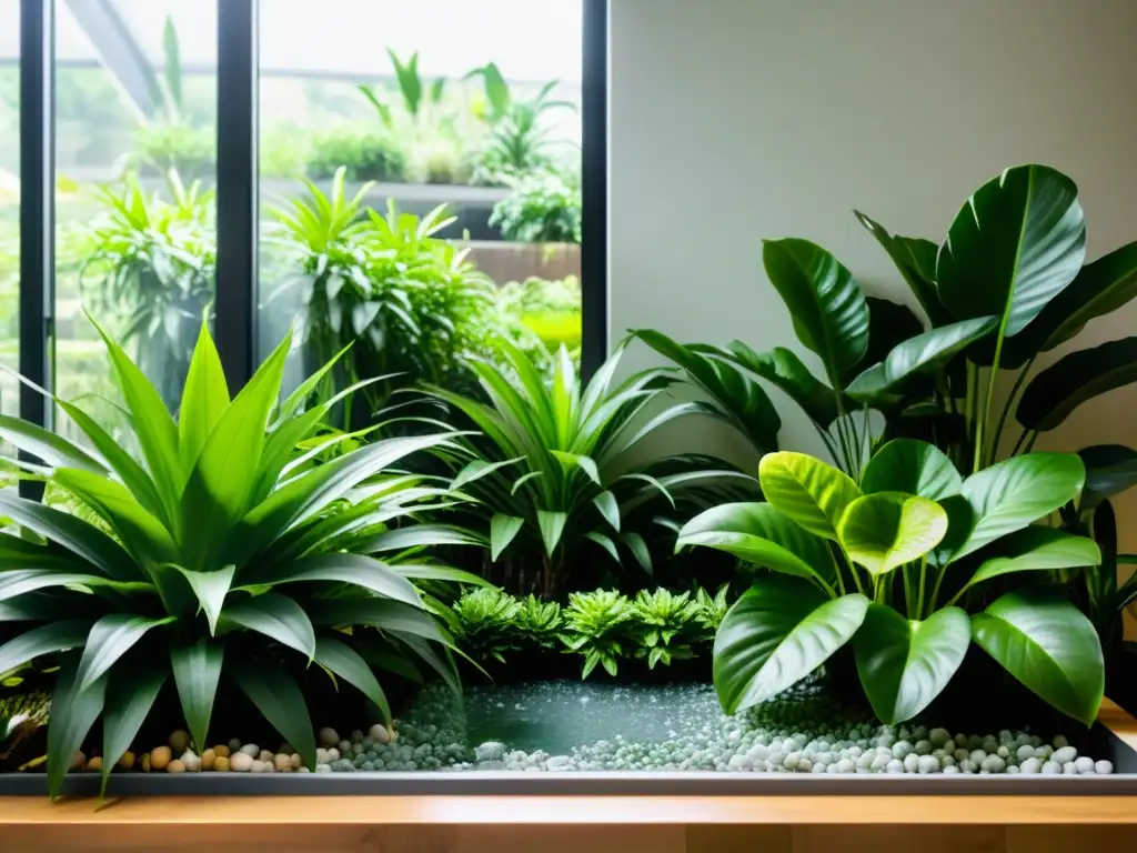 Un exuberante jardín interior, bañado en luz natural, evocando tranquilidad y balance