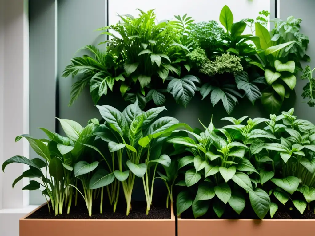 Un exuberante jardín interior con cultivo de vegetales todo el año, lleno de vida y armonía en modernos maceteros