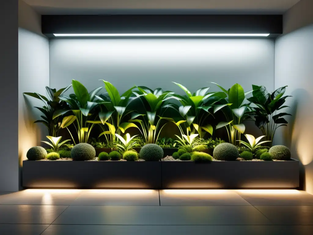 Exuberante jardín interior iluminado con LED, creando un ambiente sereno y sofisticado