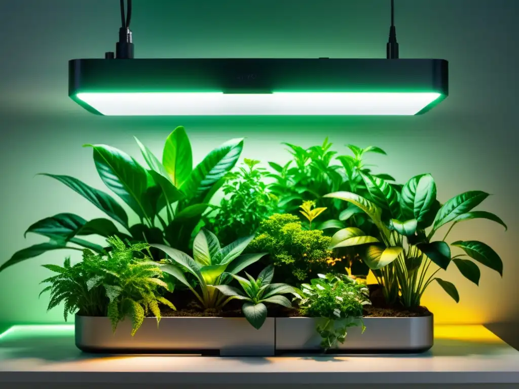 Un exuberante jardín interior iluminado por luces de crecimiento para plantas, con follaje vibrante en 8k