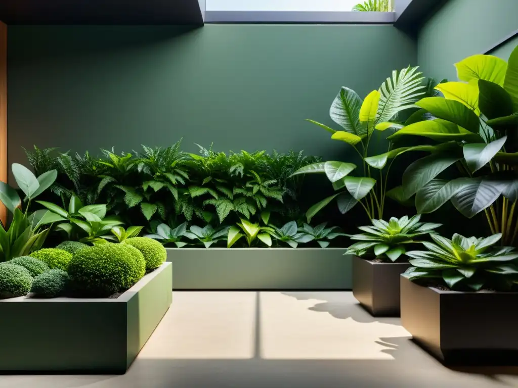 Un exuberante jardín interior en penumbra con plantas de interior que florecen en sombra, evocando calma y sofisticación